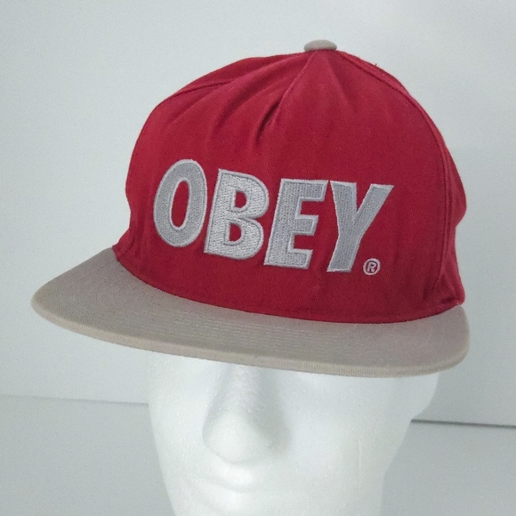 Obey Red, Gray & Silver Embroidered Snapback Baseball Cap Hat - Picture 2 of 8